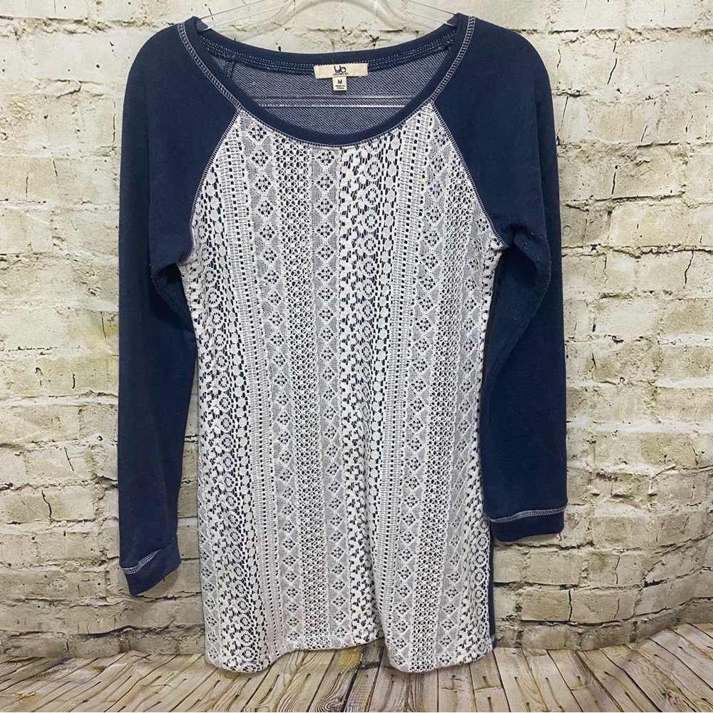 YA Los Angeles Sweater Blue White Lace Long Sleeve Shirt Top Long Size Medium